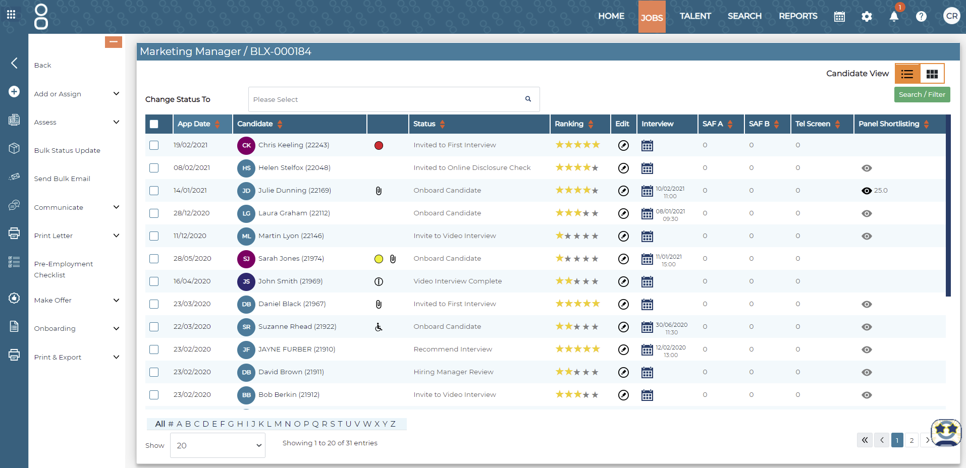 Applicant list screenshot